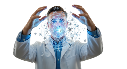 Man Interacting With Holographic Digital Interface Displaying Face Recognition Technology and Data Visualization Overlapping on his Face in a Professional Setting