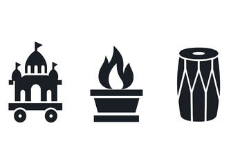 Religious indian festival icon set. Solid glyph vector. Hindu celebration symbols. Temple chariot for Rath Yatra procession, Havan fire ritual, Dholak drum for music.