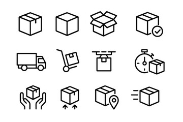 Delivery and shipping line icon set. Logistics, transportation, and e-commerce symbols. Includes box, package, truck, drone delivery, order tracking, and express service.