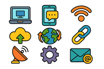Technology and communication icon set. Vector cartoon icons for internet, global connectivity, web design, business. Includes laptop, phone, cloud, wifi, email, link, data symbols.