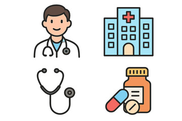 Medical and healthcare icon set. Vector cartoon illustration of a doctor, hospital building, stethoscope, and medicine pills. For website, app, and infographic design elements.