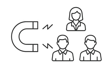 Magnet attracting people line icon. Concept of inbound marketing, lead generation, customer acquisition. Metaphor for HR, employee recruitment, hiring, finding talent, staff retention.