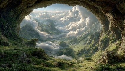 Lush valley vista seen through a cave opening. Misty mountains and clouds fill the air