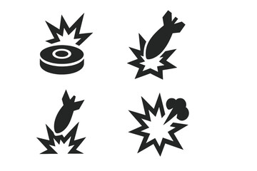 Military explosive solid icon set. Landmine, missile strike, bomb, artillery shell detonation concepts. Vector symbols of war, army attack, danger, and conflict illustration.