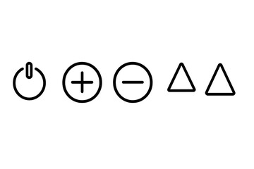 Remote control buttons icon set. Linear vector symbols for TV or media player. Power on off, volume up and down, channel navigation signs. Minimalist outline UI element.