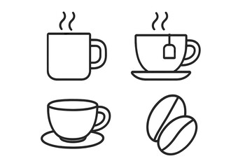 Coffee and tea outline icon set. Vector linear symbols for cafe menu, website, app design. Includes mug, teacup, saucer, teabag, and coffee beans. Hot drinks pictogram collection.