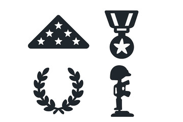 Military honors and remembrance icon set. Vector symbols of service and sacrifice. Folded flag, medal of honor, laurel wreath, and battle cross for fallen soldiers. Memorial.