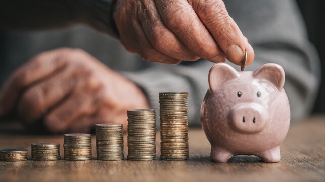 Saving money investment for future. old man hand putting money coins in a piggy bank.investment, money, annuity insurance, saving for retirement and pension fund concept.Individual retirement account.