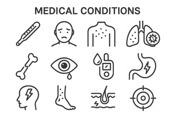 Medical conditions outline icons set. Health and disease symbols. Vector linear pictograms of symptoms like fever, pain, allergy, diabetes, headache, fracture, lung, skin.