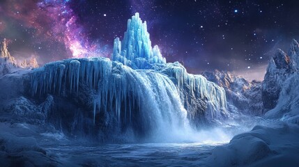 Ice waterfall in a starry night landscape