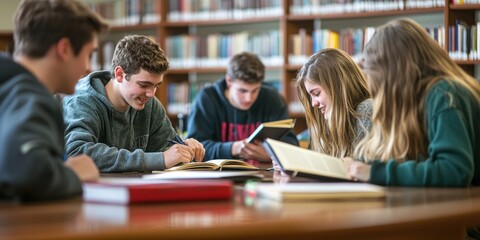 A group of students reading and studying together at a library table