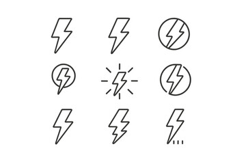 Lightning bolt line icon set. Thin linear pictogram collection for power, energy, and electricity concepts. Simple thunder flash symbol for web and app design. Editable stroke.