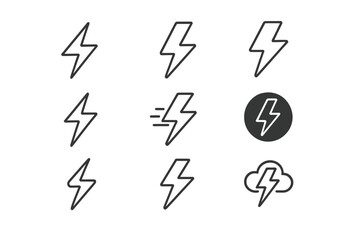 Lightning bolt line icon set. Thunder and electricity symbol collection. Flash power, energy charge pictogram. Vector fast charging, storm weather & electric spark signs.
