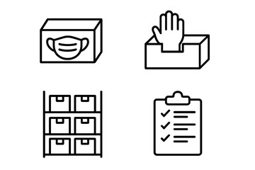 PPE inventory management outline icon set. Vector icons for personal protective equipment supplies, including mask box, gloves, storage rack shelf, and stock checklist clipboard.