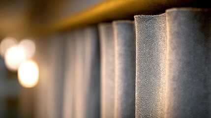 Wool fabric texture sharply detailed in medium shot as heavy curtains hang to block outside noise softly diffused in the background.