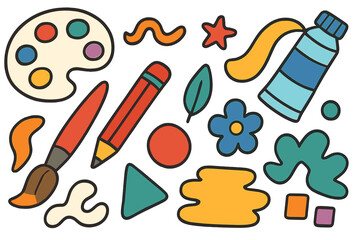 Set of creative graphic design elements and art tools. Collection includes paint, brush, pencil, palette and abstract shapes. Groovy doodle cartoon vector illustration.