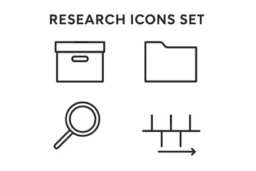 Research icons set. Line icons for data analysis, investigation, and archives. Vector symbols of magnifying glass, file folder, box, and timeline for web and infographics.