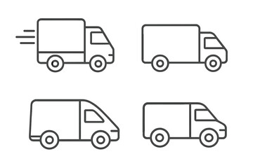 Delivery truck van icon set. Commercial vehicle for shipping and transportation logistics. Thin line art collection. Editable stroke vector illustration for web and apps.
