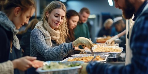 A group of volunteers serving food at a homeless shelter
