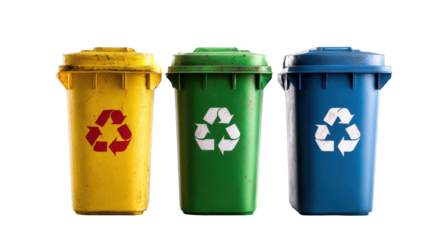 Three recycling bins, yellow, green, and blue, with recycling symbols