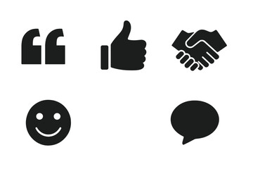 Respect and communication solid glyph icon set. Vector symbols of positive feedback, agreement, and partnership. Includes thumbs up, handshake, quote, and smiley face icons.