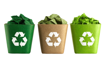 Three recycling bins of varying shades of green and brown, filled with crumpled paper