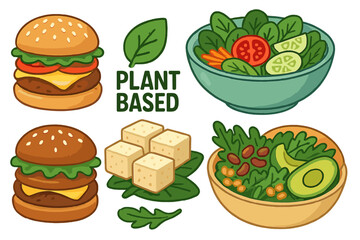 Variety of Plant-Based Foods Including Burgers, Tofu Cubes, Fresh Salads, and Healthy Vegetables, Vector Cartoon Illustration with Transparent Background, Vegan and Vegetarian Food Concept