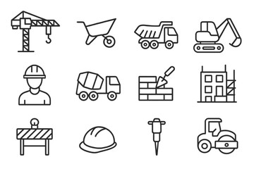 Construction line icon set collection. Building industry symbols. Heavy machinery, equipment, and tools. Crane, excavator, dump truck, cement mixer, worker pictogram collection.