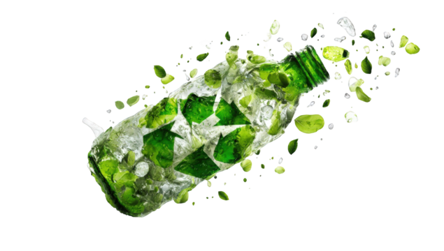 Green glass bottle with recycle symbol, surrounded by splashing liquid and ice