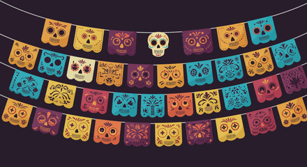 A vibrant flat design illustration displays an array of traditional Papel Picado banners, adorned with intricate cut-out designs. This festive artwork beautifully represents the celebratory decoration