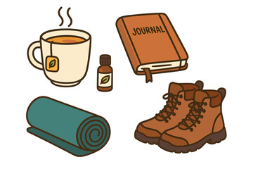 Relaxing moments with herbal tea, journal, essential oil, yoga mat, hiking boots for self-care and mindfulness activities, wellness routine, calm lifestyle vector cartoon illustration