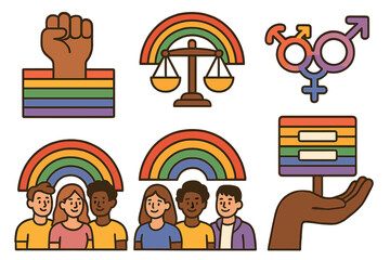 A collection of diverse community symbols promoting pride and gender rights. Vector icons for social events, equality, and inclusion. Rainbow, justice scales, and protest signs.