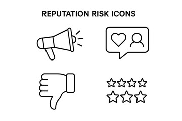 Reputation Risk Icons Vector Set, Outline Style, Megaphone, Social Media Bubble with Heart and User, Thumbs Down Dislike, Star Ratings, Transparent Background, Control Symbols
