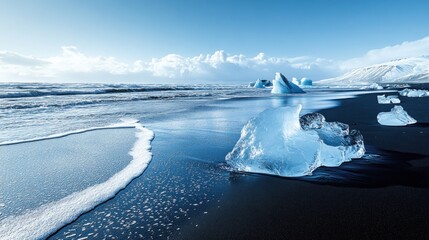 Icebergs on a black sand beach
