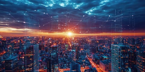 Fototapeta premium A high-tech city at sunset, featuring self-sustaining skyscrapers and clean air