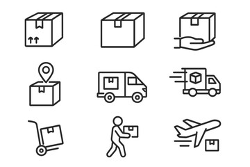 Logistics and delivery icon bundle. Shipping and freight line icons. Vector symbols for parcel tracking, courier service, cargo transport by truck, van, plane. E-commerce.