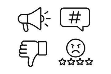 Reputation Risk Icons Vector Set of Outline Social Media and Communication Symbols Including Megaphone, Hashtag Bubble, Thumbs Down, Angry Face with Low Star Rating, Transparent Background