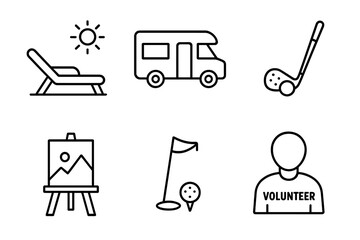 Retirement lifestyle icons set with beach lounger, RV camper, golf club, art easel, volunteer activities, and leisure hobbies, outline vector illustration on transparent background
