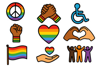 Vector icon set of diversity and inclusion symbols. LGBTQ pride rainbow, BLM fist, interracial handshake, disability sign. Concept of equality, unity, love and human rights.