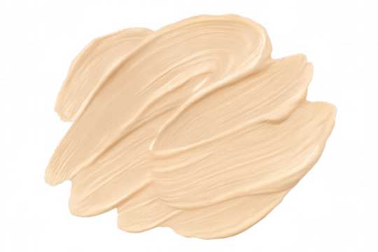 Beige liquid foundation makeup cream smears forming a textured, isolated design element on transparent background