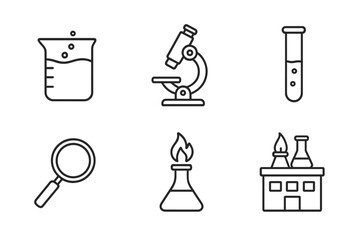 Science Icon Grid Outline Set of Laboratory Equipment Vector Illustration with Beaker, Microscope, Test Tube, Bunsen Burner, Magnifying Glass, and Lab Building