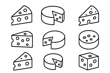Cheese line icon set. Isometric pictogram collection of cheese wheel, wedge, block and slice. Minimal outline symbol for food logo, web. Dairy product vector illustration.