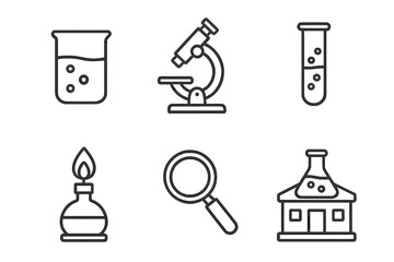 Science icon grid set. Outline vector icons of science experiments including beaker, microscope, test tube, Bunsen burner, magnifying glass, and laboratory lab equipment on transparent background