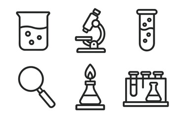 Science Icon Grid with Outline Symbols of Lab Equipment Including Beaker, Microscope, Test Tube, Bunsen Burner, Magnifying Glass, and Lab Rack - Vector Illustration