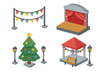 Seasonal Festival Icons Isometric Vector Set Featuring Festive Bunting, Stage Performance, Christmas Tree with Lights, Gazebo with Bench and Street Lamps for Holiday Celebrations