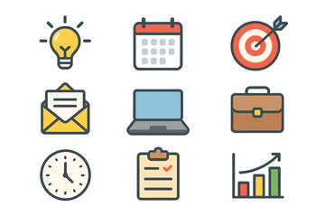 Business icon set for productivity, office work, and project management. Line icons for idea, goal, calendar, communication, laptop, briefcase, time, task list, and growth chart.