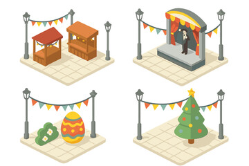 Isometric Seasonal Festival Icons Set with Festive Bunting, Market Stalls, Performance Stage, Giant Easter Egg, and Christmas Tree Decorations in Public Square Vector Illustration