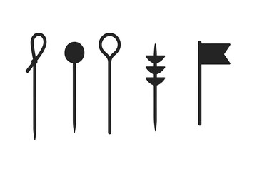 Skewers and Picks Icons Set, Flat Vector Illustration of Bamboo Skewer, Cocktail Pick, Metal Stirrer, Decorative Toothpick, and Flag for Food, Beverage, Party, and Cooking