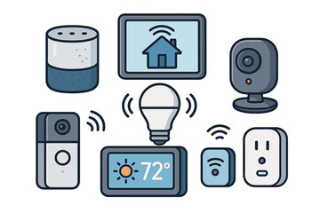 Smart home devices in modern layout showcasing technology integration, automation, wireless control, convenience, security, and energy management. Vector cartoon illustration.