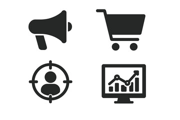 Marketing icon set with solid glyph symbols. Vector illustration of a megaphone for promotion, a shopping cart for e-commerce, a target audience, and an analytics graph for growth.